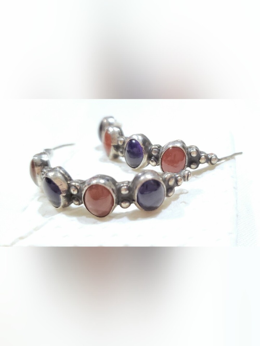 Alejandro Toussier Amethyst Carnelian J Hoop Earrings 925 Sterling Silver